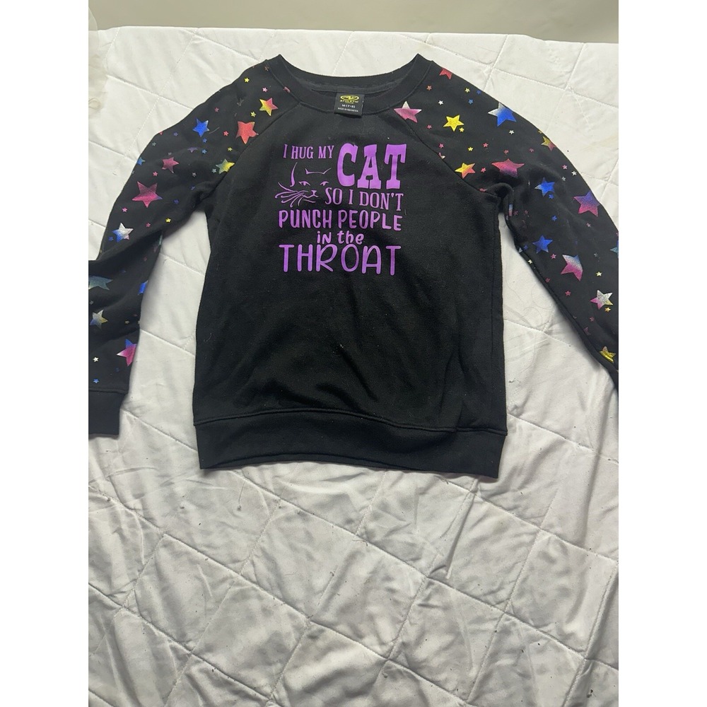 girls black SWEATSHIRT METALLIC STARS on sleeves size medium 7/8 ATHLETIC cute!‎